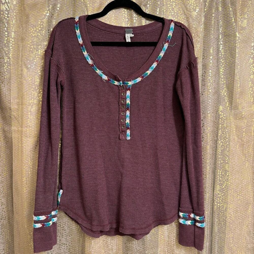 Free People Rainbow Thermal Wine Maroon Long Sleeve Boho Small